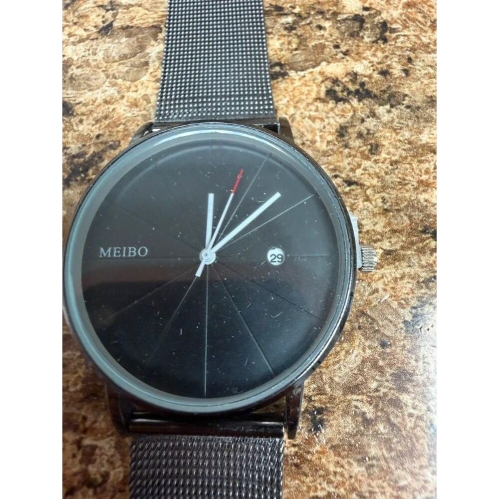 MEIBO Men’s Black Mesh Band Watch Date Quartz Minimalist Black Dial